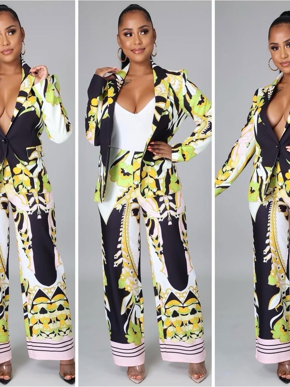 Stylish Floral Print Wide-Leg 2 piece Set - Black/Green